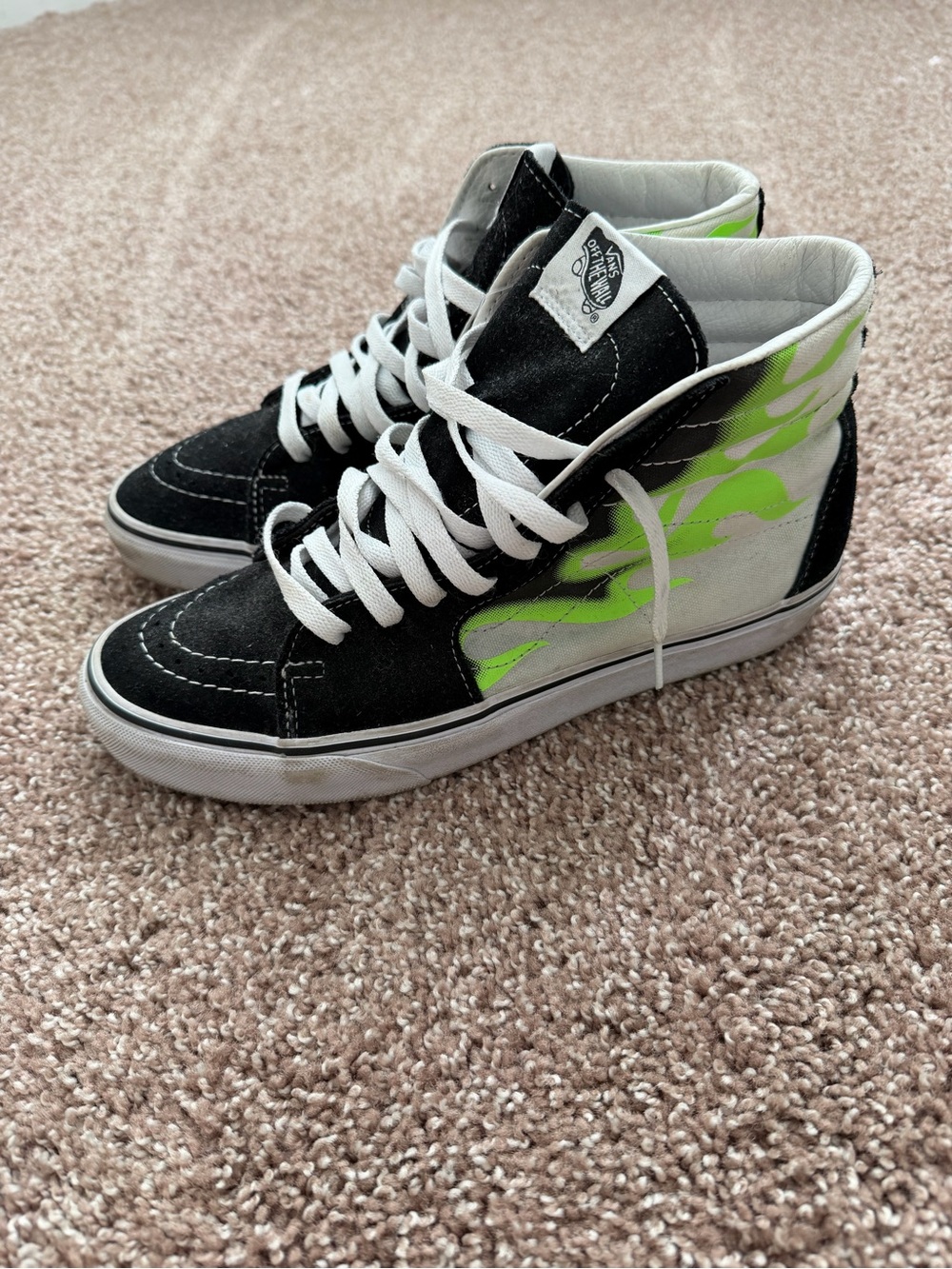 Vans Sk8-Hi Black White with Neon Green Flame Accents